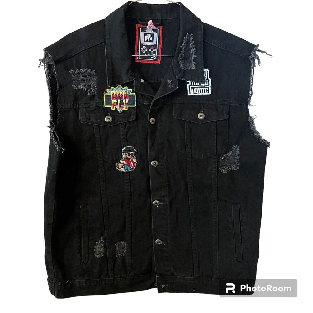 Born Fly Retro Video Game Theme Distressed Denim Vest Men's 2XL Black